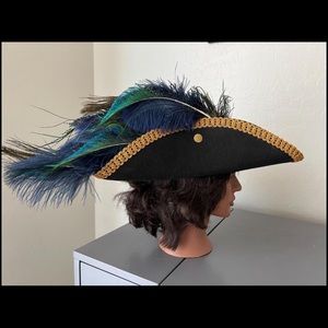 Black Gold-Embellished Lady Pirate Tricorn Hat with Beautiful Feathers